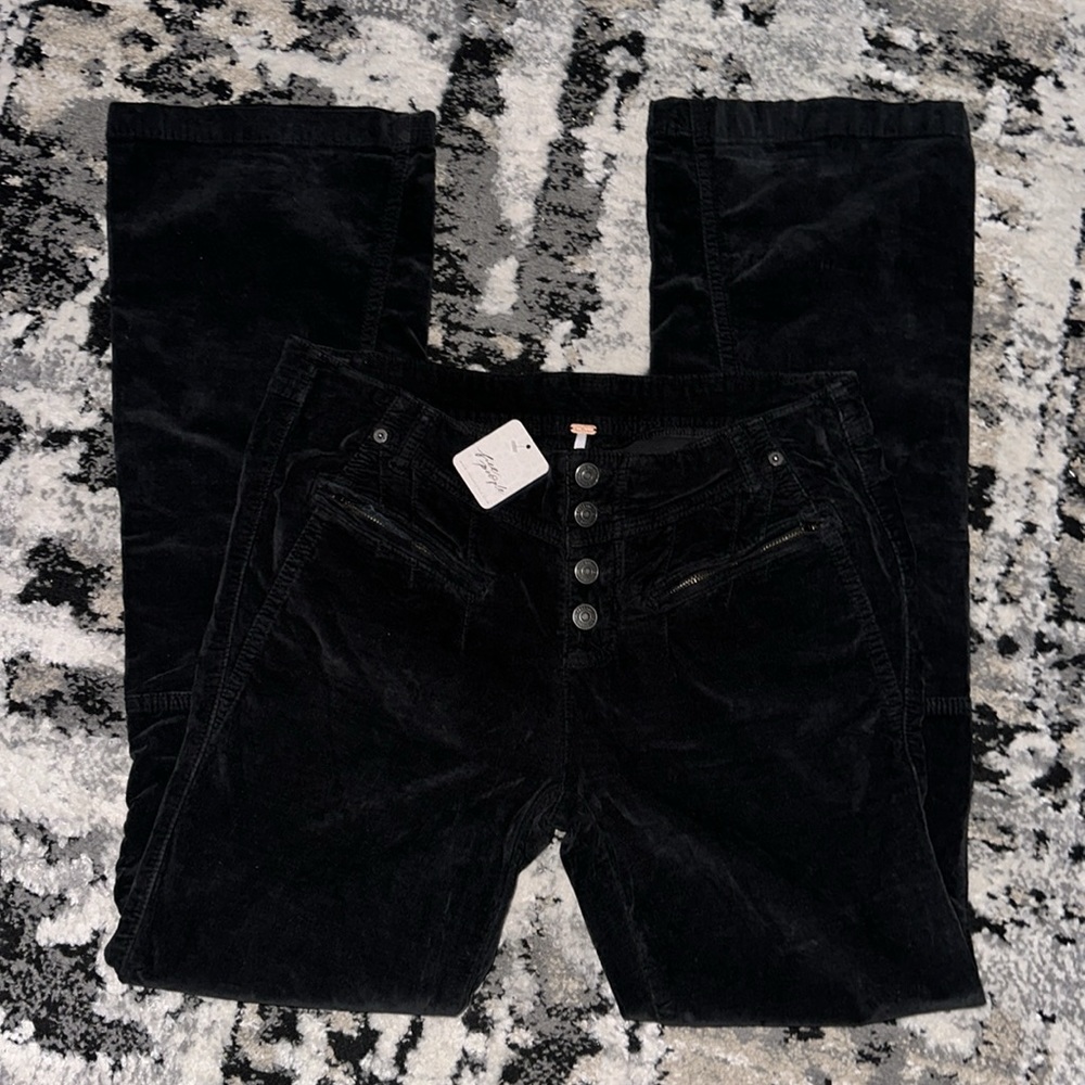NWT Free People Hit Back Slim Flare Pants black velvet